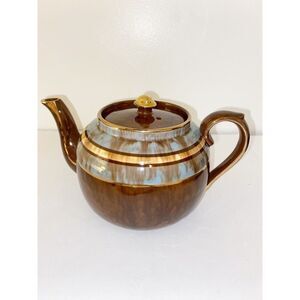 Vintage SUDLOWS Burslem Pottery England Teapot Brown Blue and Gold